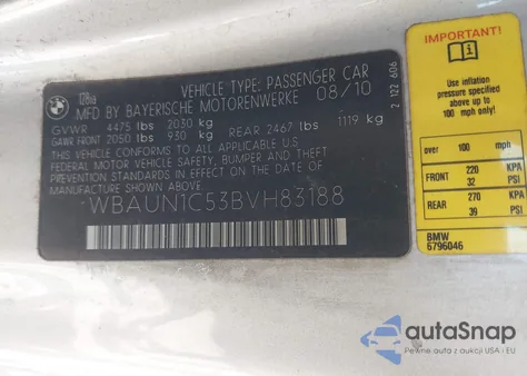 2011 BMW 128I из США, поврежденный, VIN WBAUN1C53BVH83188